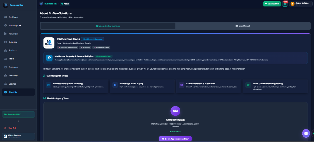 BusinessDev About page showing ownership, service areas and team